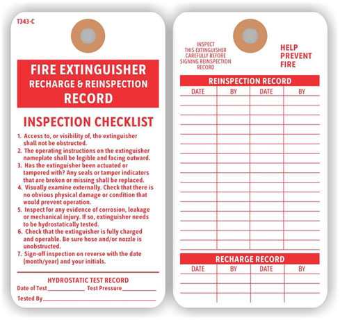 Fire extinguisher recharge and reinspect record tag